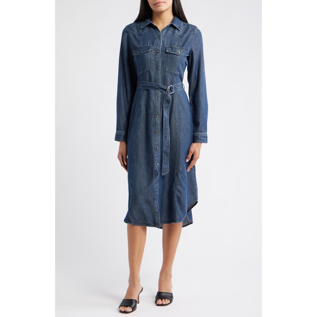 Cloth & Stone Long Sleeve Denim Belted Midi Shirtdress In Blue