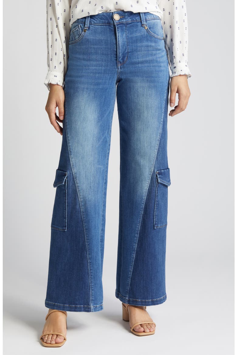 'Ab'Solution Colorblock Wide Leg Cargo Jeans, Main, color, MID BLUE/ BLUE