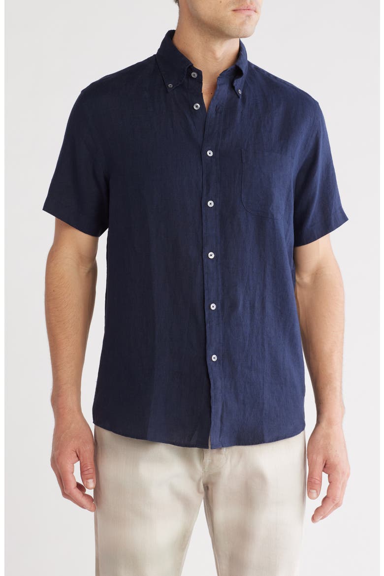 Regular Fit Short Sleeve Linen Button-Down Shirt, Main, color, NAVY