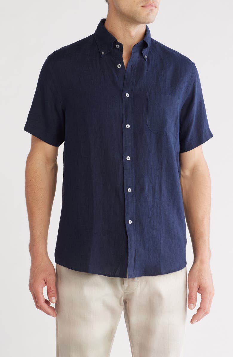 Brooks Brothers Regular Fit Short Sleeve Linen Button-Down Shirt, Main, color, Navy