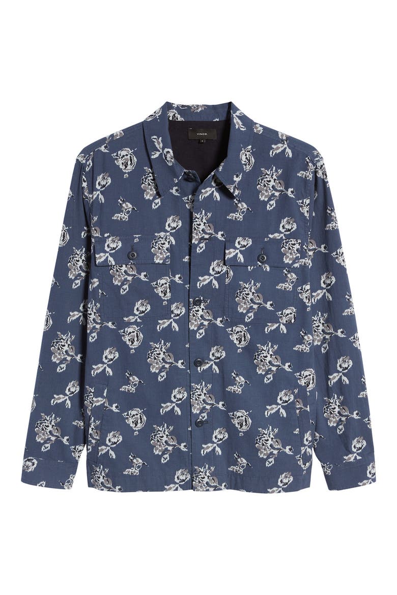 Ikat Floral Print Cotton Button-Up Shirt Jacket, Alternate, color, HEMATITE