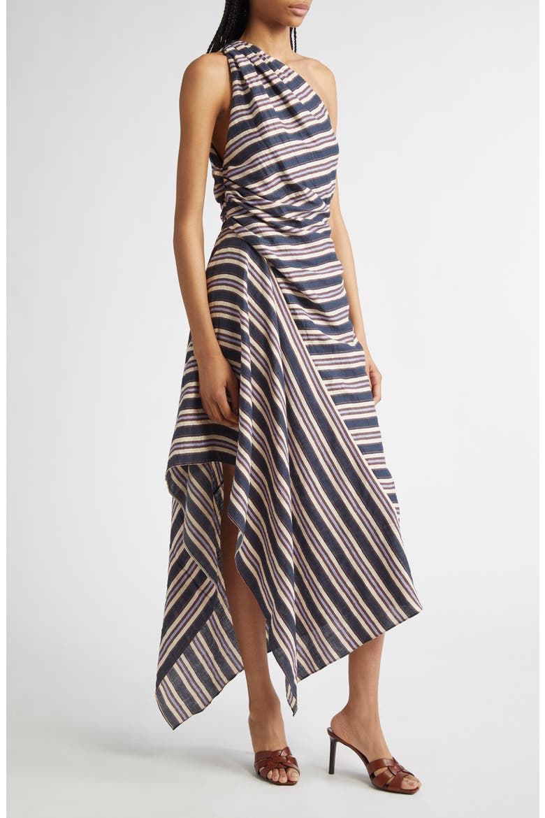 Lyn Stripe One-Shoulder Linen Blend Sundress, Alternate, color, NAVY STRIPE