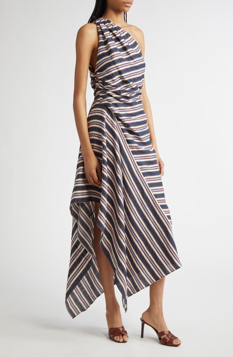A.L.C. Lyn Stripe One-Shoulder Linen Blend Sundress, Alternate, color, Navy Stripe