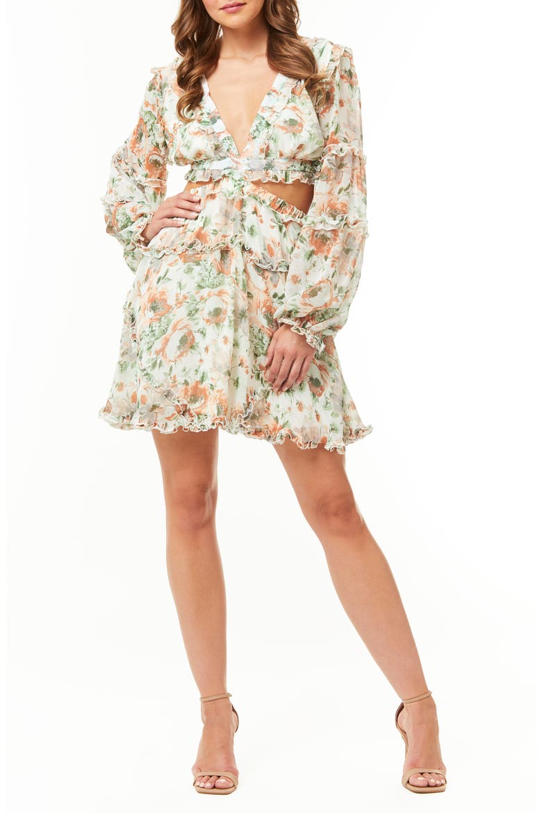 Venice Floral Long Sleeve Cutout Minidress, Main, color, SAGE