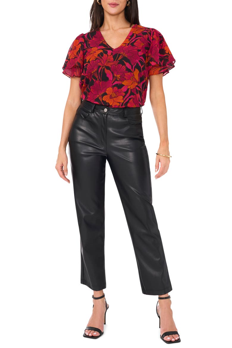 Floral V-Neck Ruffle Sleeve Top, Alternate, color, CHERRY NOIR