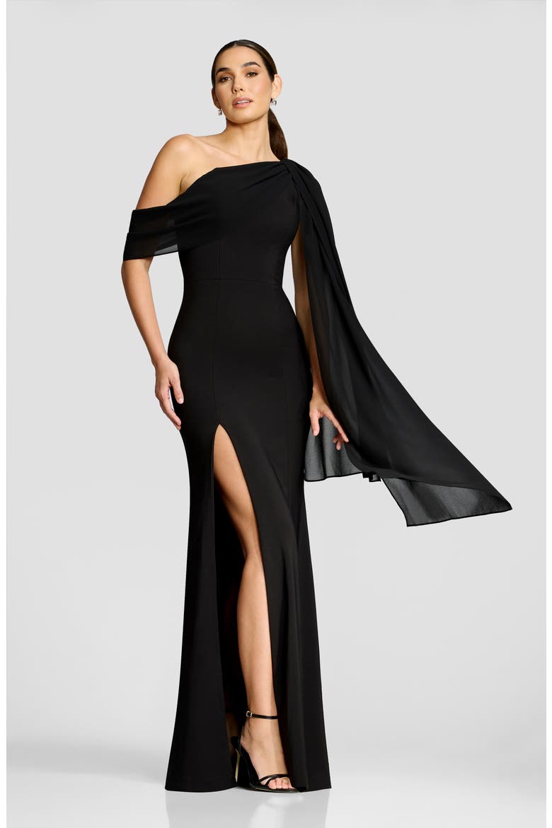 Sera One-Shoulder Cape Gown, Alternate, color, BLACK