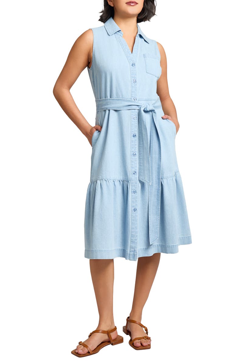 Jones New York Sleeveless Tiered Belted Denim Shirtdress, Main, color,