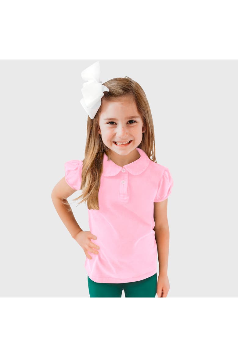 Girls 100% Cotton Puff Short Sleeve Polo Tee with Peter Pan Collar, Main, color, Bright Light Pink