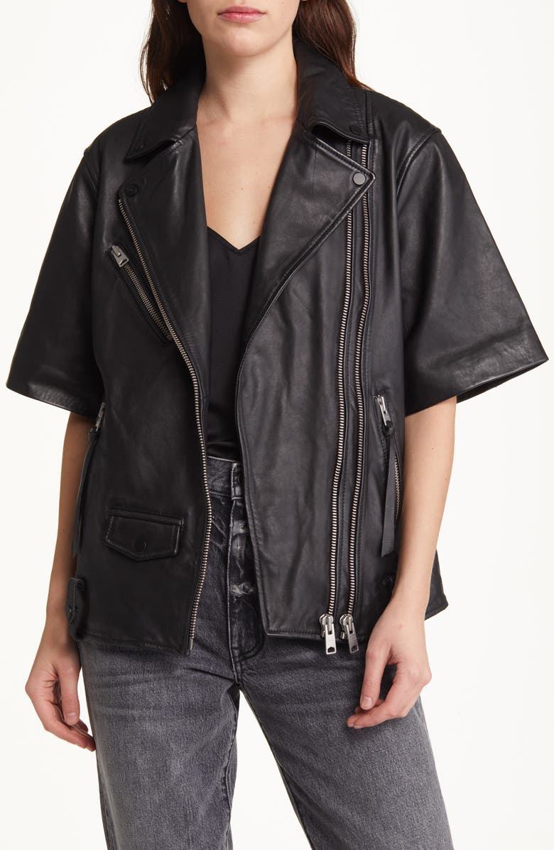AllSaints Ripley Short Sleeve Leather Biker Jacket, Main, color, 