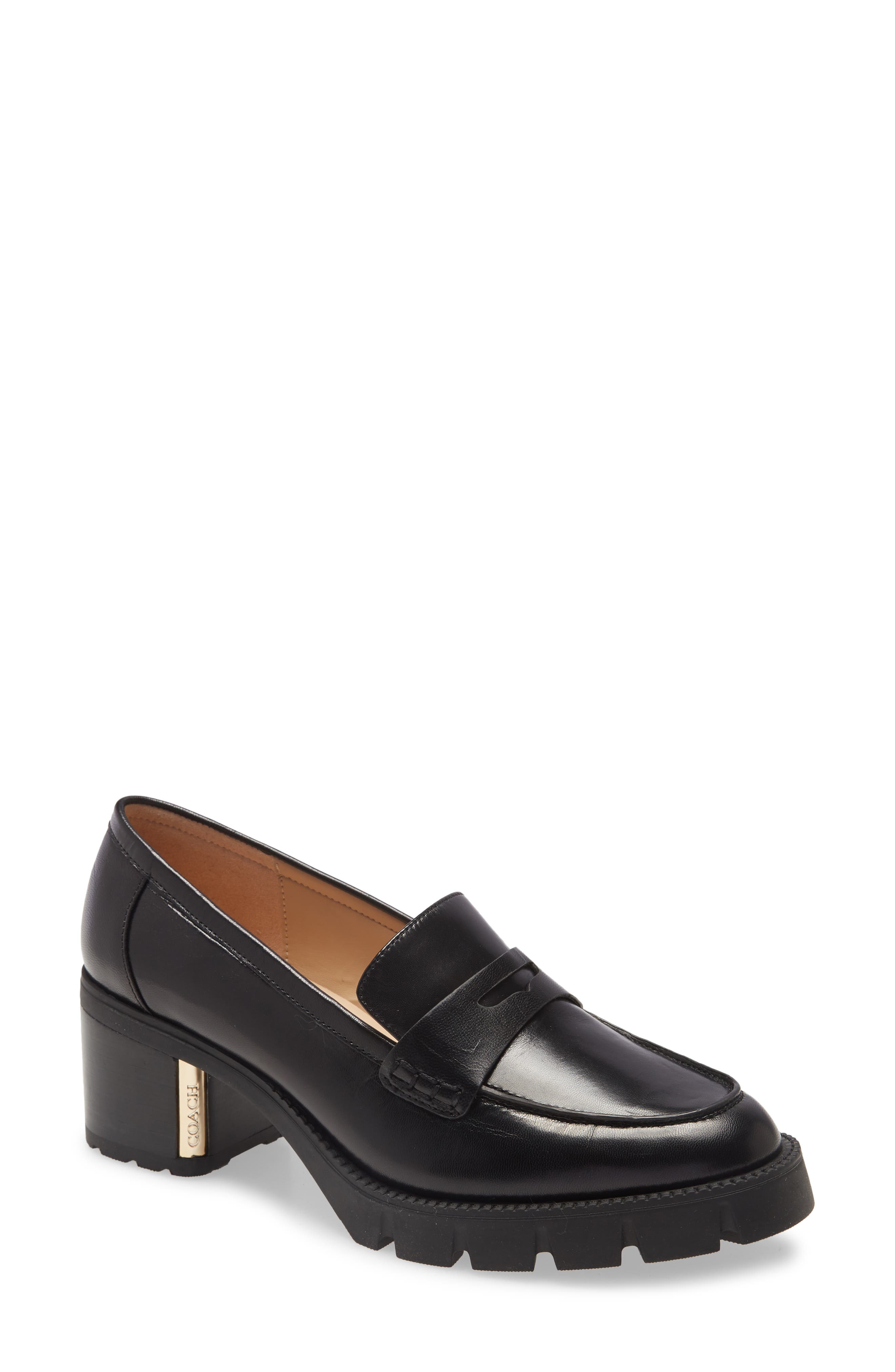 Cora Block Heel Penny Loafer, Main, color, BLACK