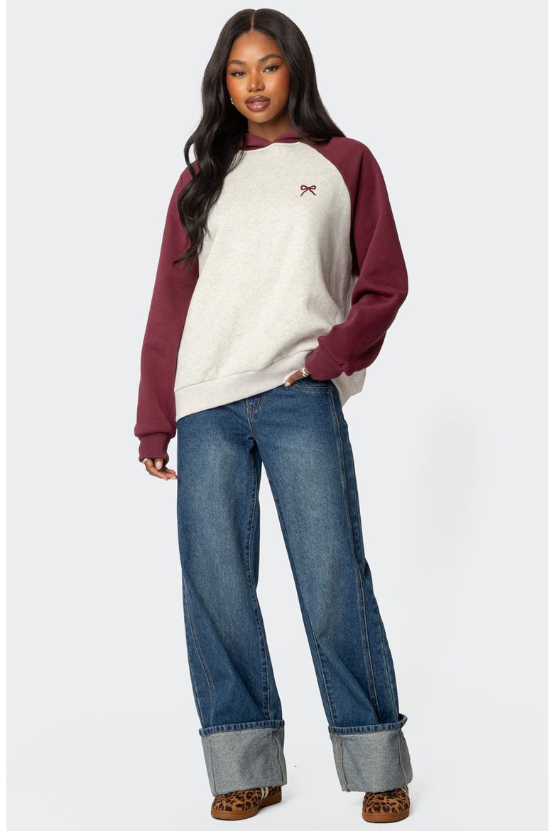 Bow Embroidery Oversize Colorblock Hoodie, Alternate, color, BURGUNDY-AND-GRAY-ME