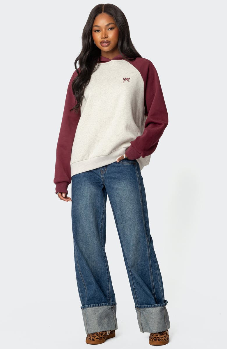 EDIKTED Bow Embroidery Oversize Colorblock Hoodie, Alternate, color, Burgundy-And-Gray-Me
