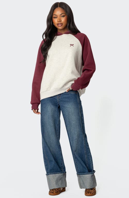 Edikted Bow Embroidery Oversize Colorblock Hoodie In Burgundy-and-gray-me