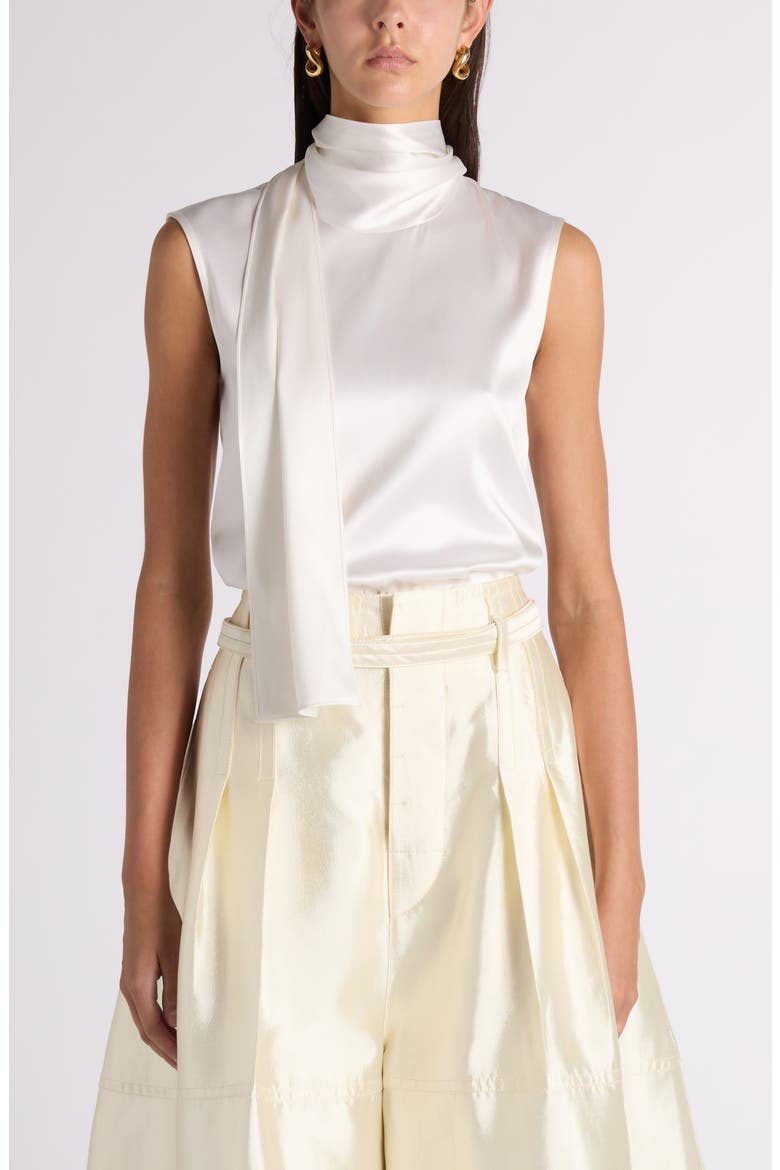 Scarf Detail Stretch Silk Satin Top, Main, color, 9000 WHITE