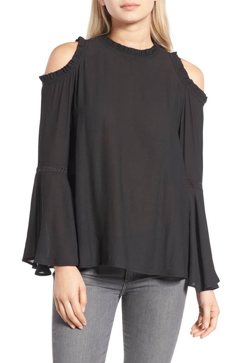 Ruffle Edge Cold Shoulder Blouse, Main, color, BLACK
