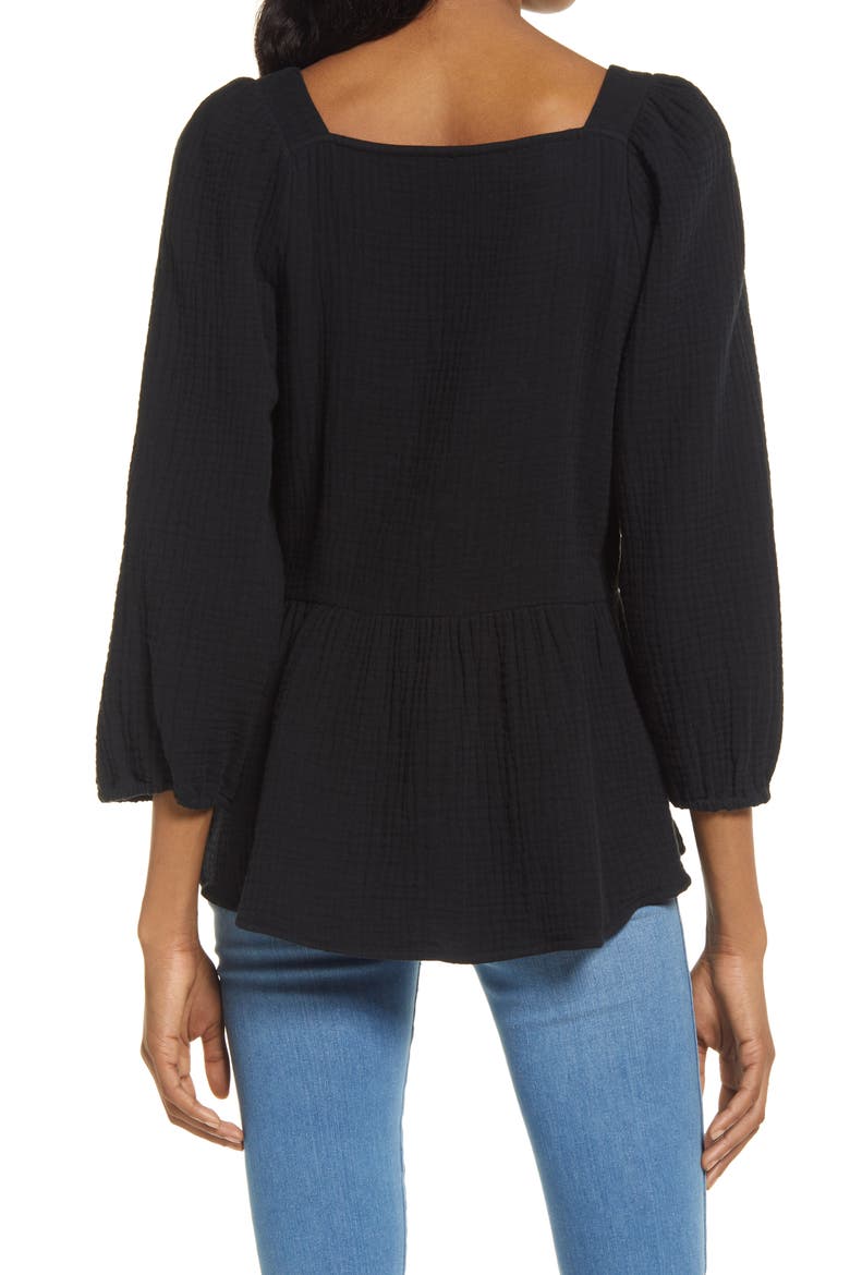 Millbrook Puff Sleeve Lightspun Cotton Peplum Top, Alternate, color, TRUE BLACK