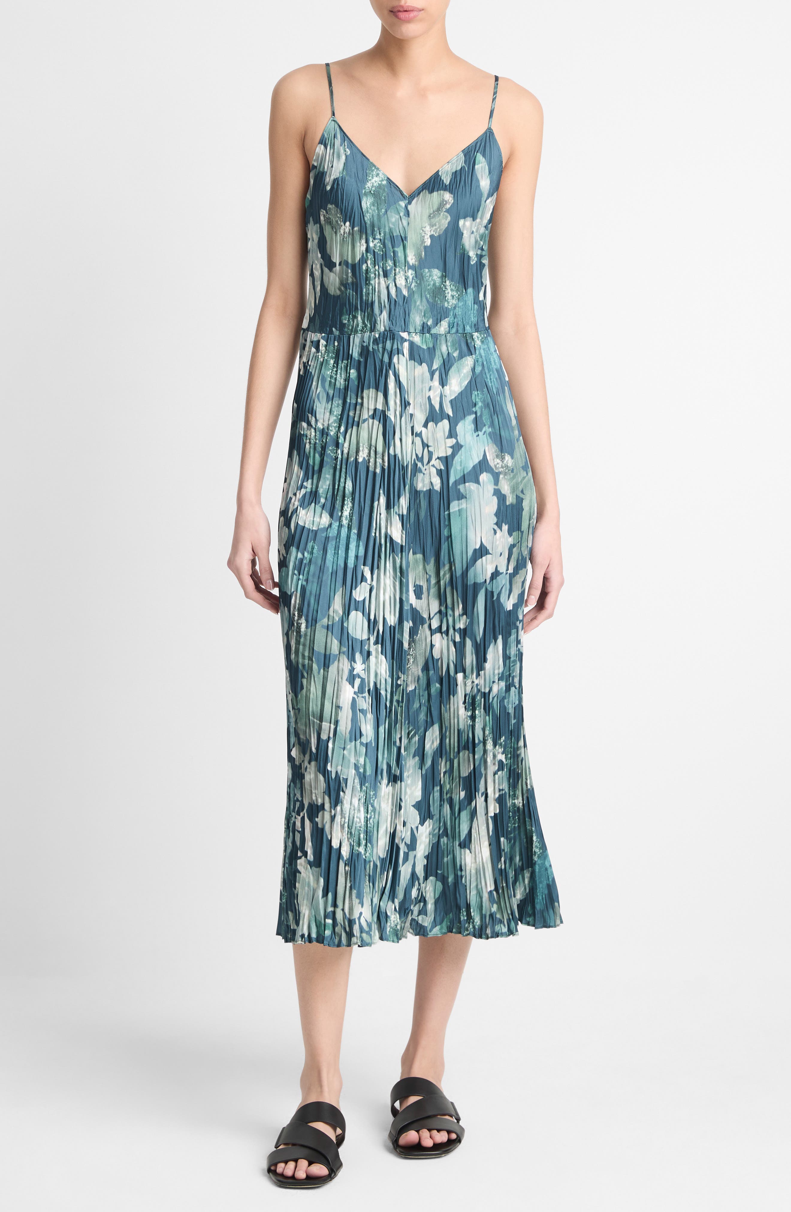 Vince Floral Crushed Satin Midi Slipdress
