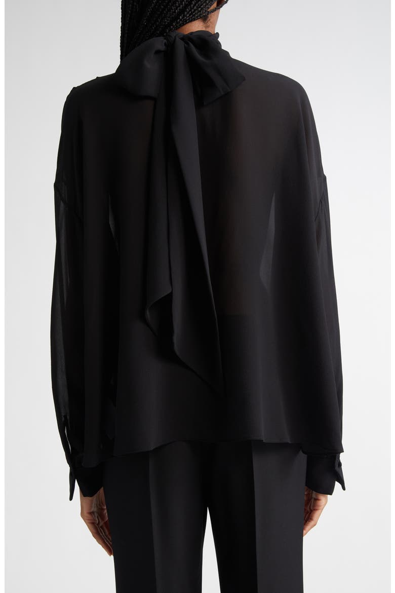 Draped Semisheer Silk Georgette Tie Neck Top, Alternate, color, BLACK