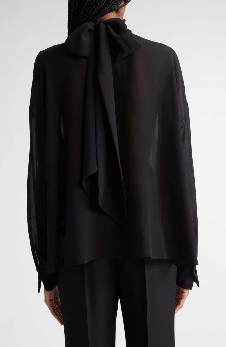 Chloé Draped Semisheer Silk Georgette Tie Neck Top, Alternate, color, Black