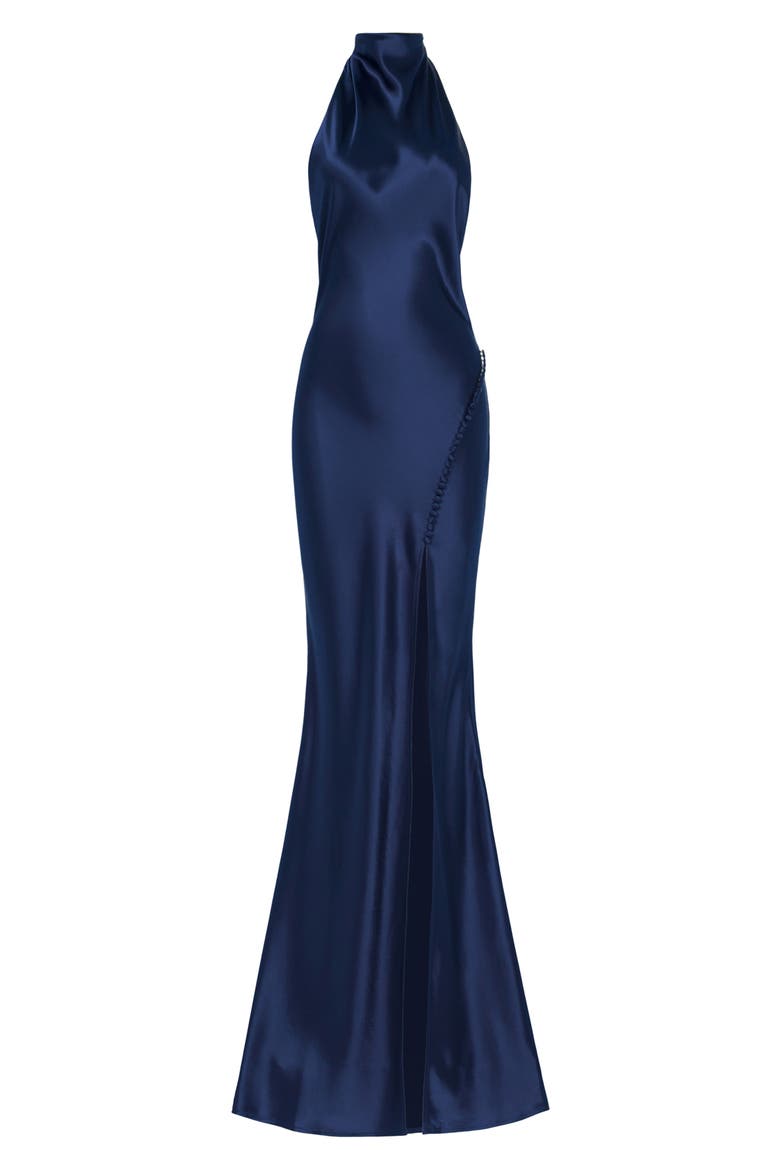 sau lee penelope high neck open back satin maxi dress Women's Halter Gown - Blue - Size 0 and large statement wings at the back of the neck. SAU LEE Penelope Backless Satin