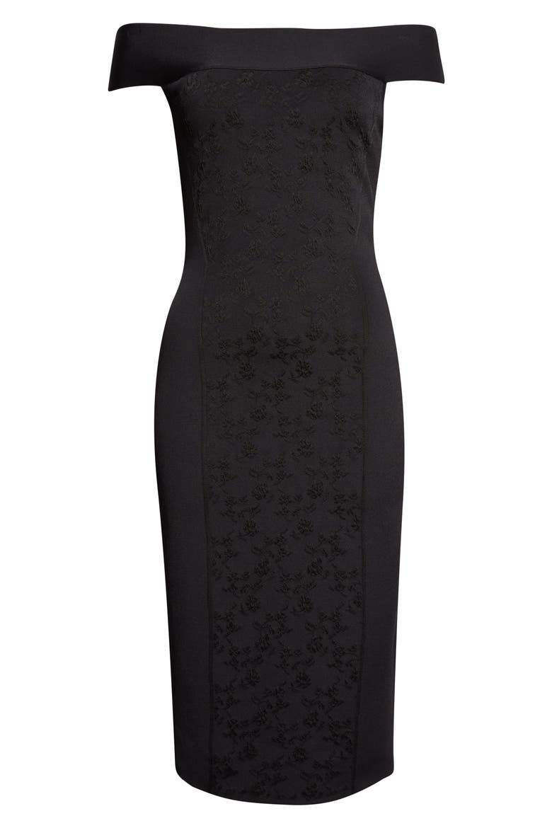 Satin & Jacquard Off the Shoulder Pencil Dress, Alternate, color, BLACK