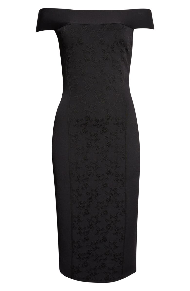McQueen Satin & Jacquard Off the Shoulder Pencil Dress, Main, color, Black