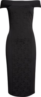 McQueen Satin & Jacquard Off the Shoulder Pencil Dress