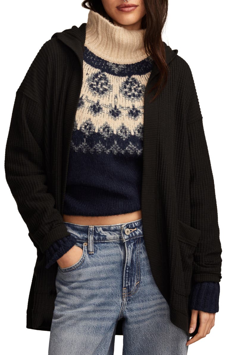 Lucky Brand Waffle Knit Shawl Hoodie, Main, color, Jet Black