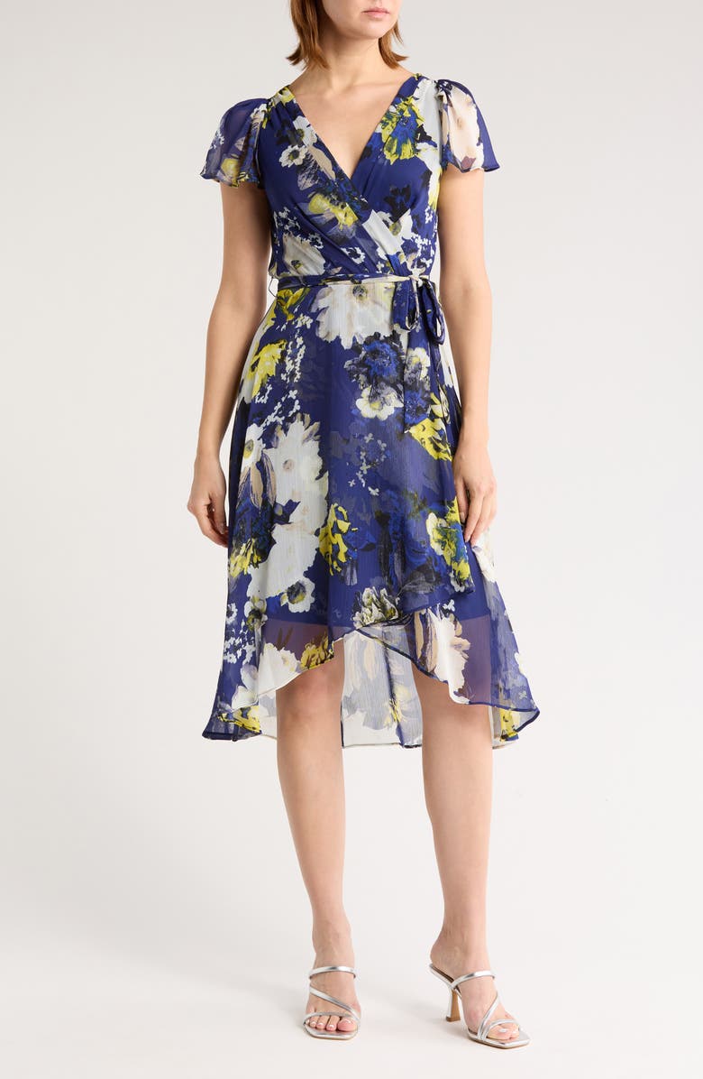 DKNY Floral Flutter Sleeve Faux Wrap Midi Dress, Main, color,