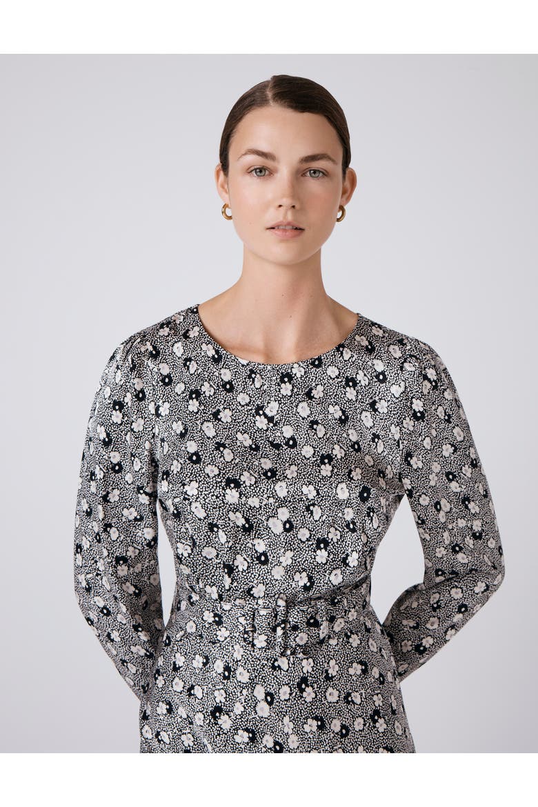 Sophia Floral Satin Midi Belted Dress, Alternate, color, Black Daisy