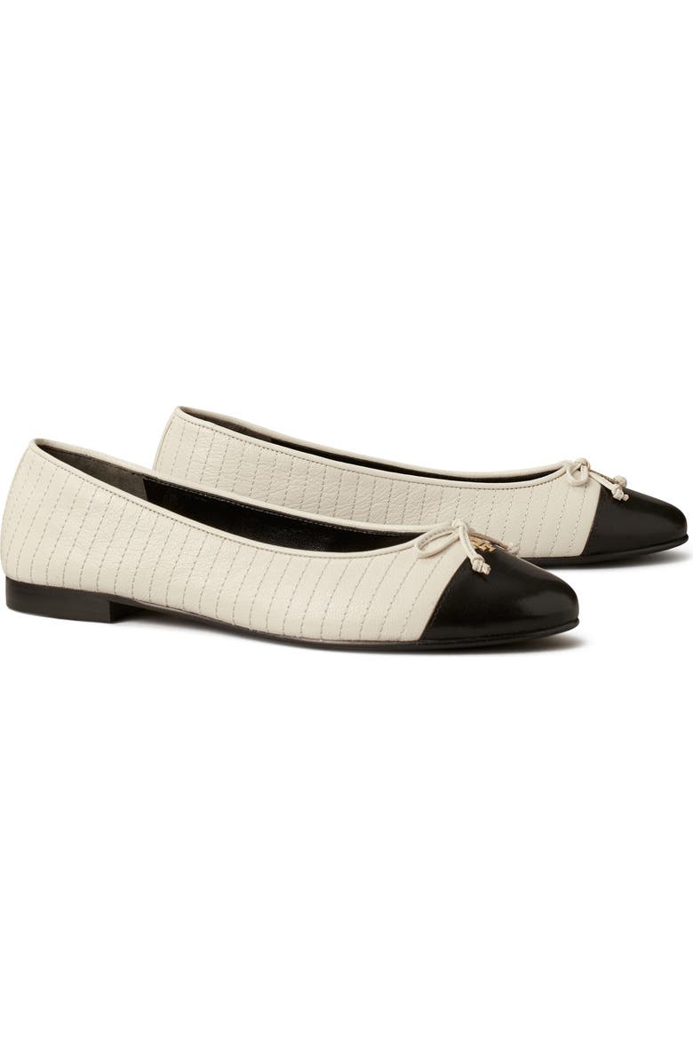 Tory Burch Quilted Cap Toe Ballet Flat, Main, color, Light Cream / Perfect Black
