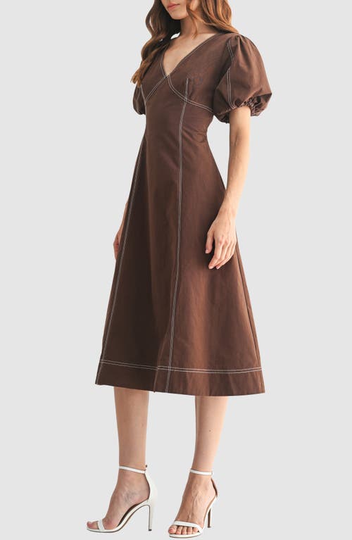 Mila Mae Contrast Stitch Puff Sleeve A-line Midi Dress In Brown