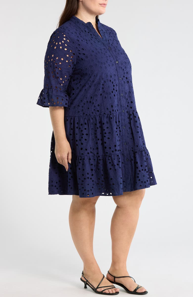 Anne Klein Eyelet Embroidered Tiered Cotton Dress, Alternate, color, Distant Mountain