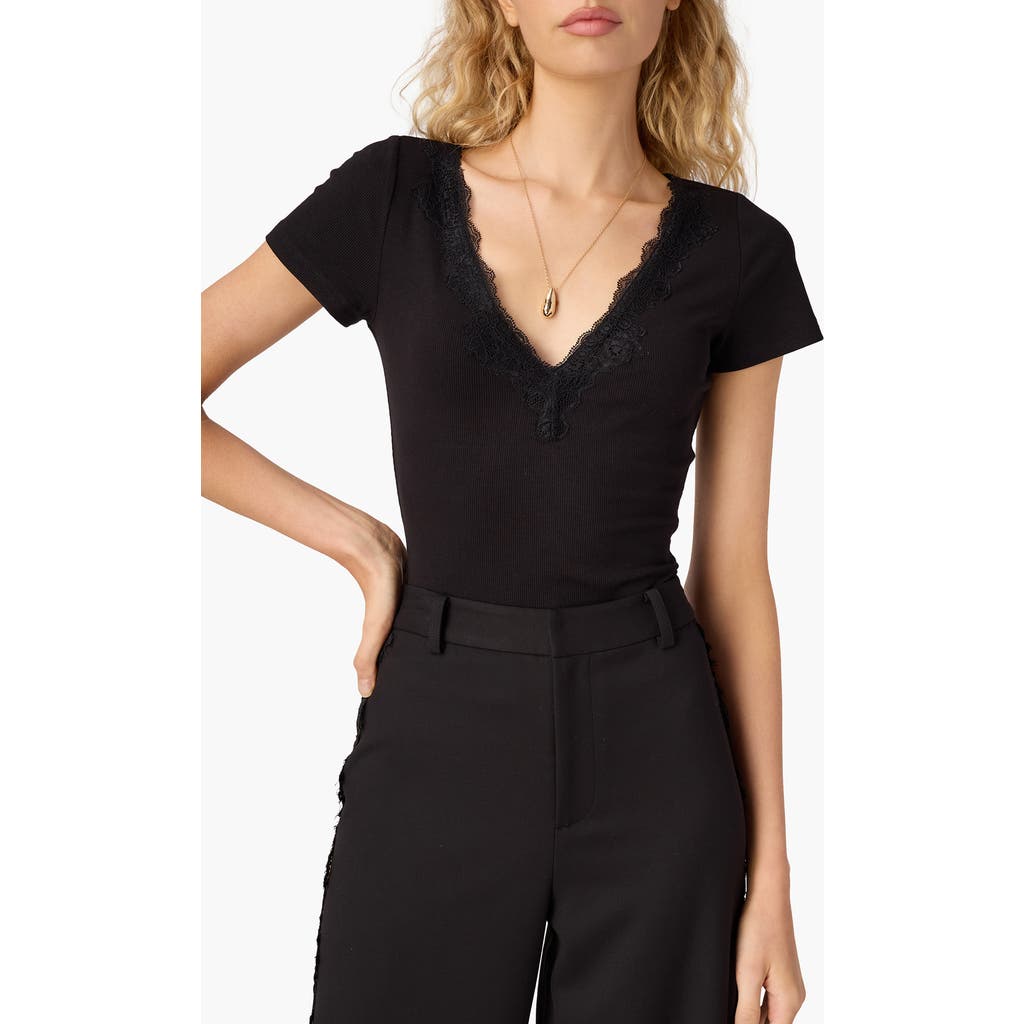 CAMI NYC Sana Lace Trim Rib T-Shirt in Black at Nordstrom, Size Small