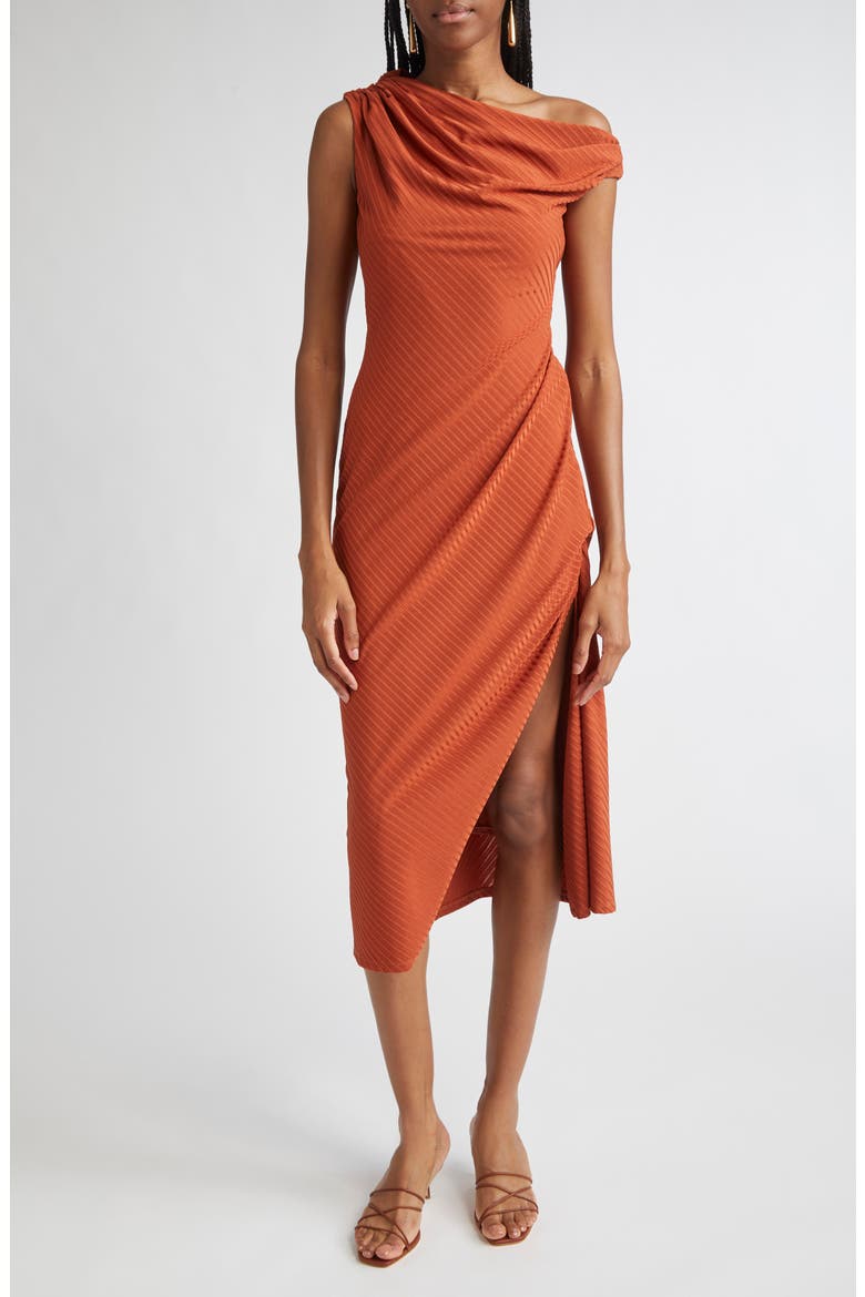 Benja Asymmetric Ruched Dress, Main, color, AMBER