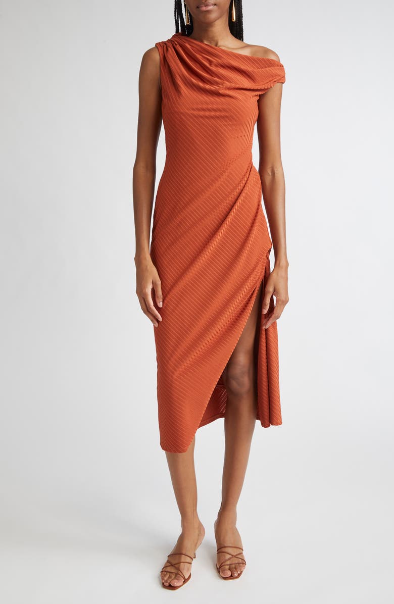 Ramy Brook Benja Asymmetric Ruched Dress, Main, color, Amber