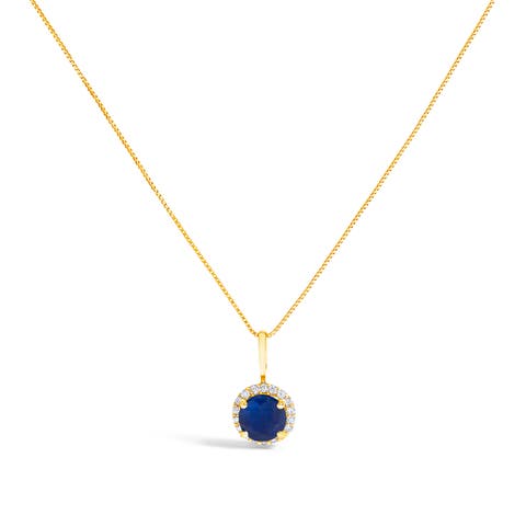 10K Gold Gemstone and 1/10 Cttw Diamond Accent Halo Pendant Necklace