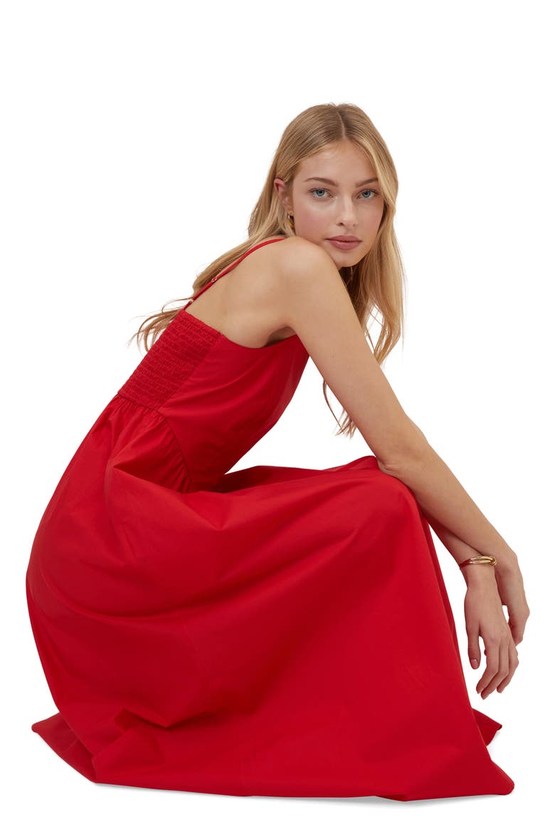 Briella Smocked Back Organic Cotton Midi Sundress, Alternate, color, RED