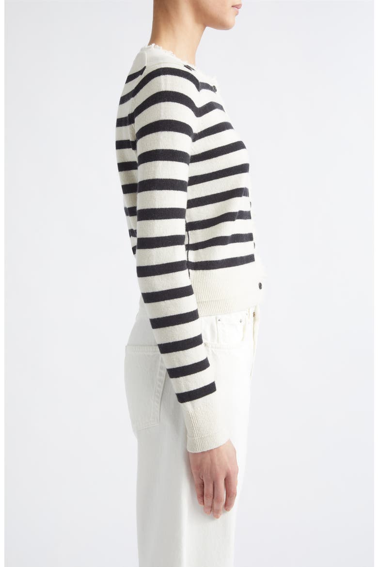 Fringe Trim Stripe Cashmere & Organic Cotton Cardigan, Alternate, color, IVORY/ BLACK STRIPE