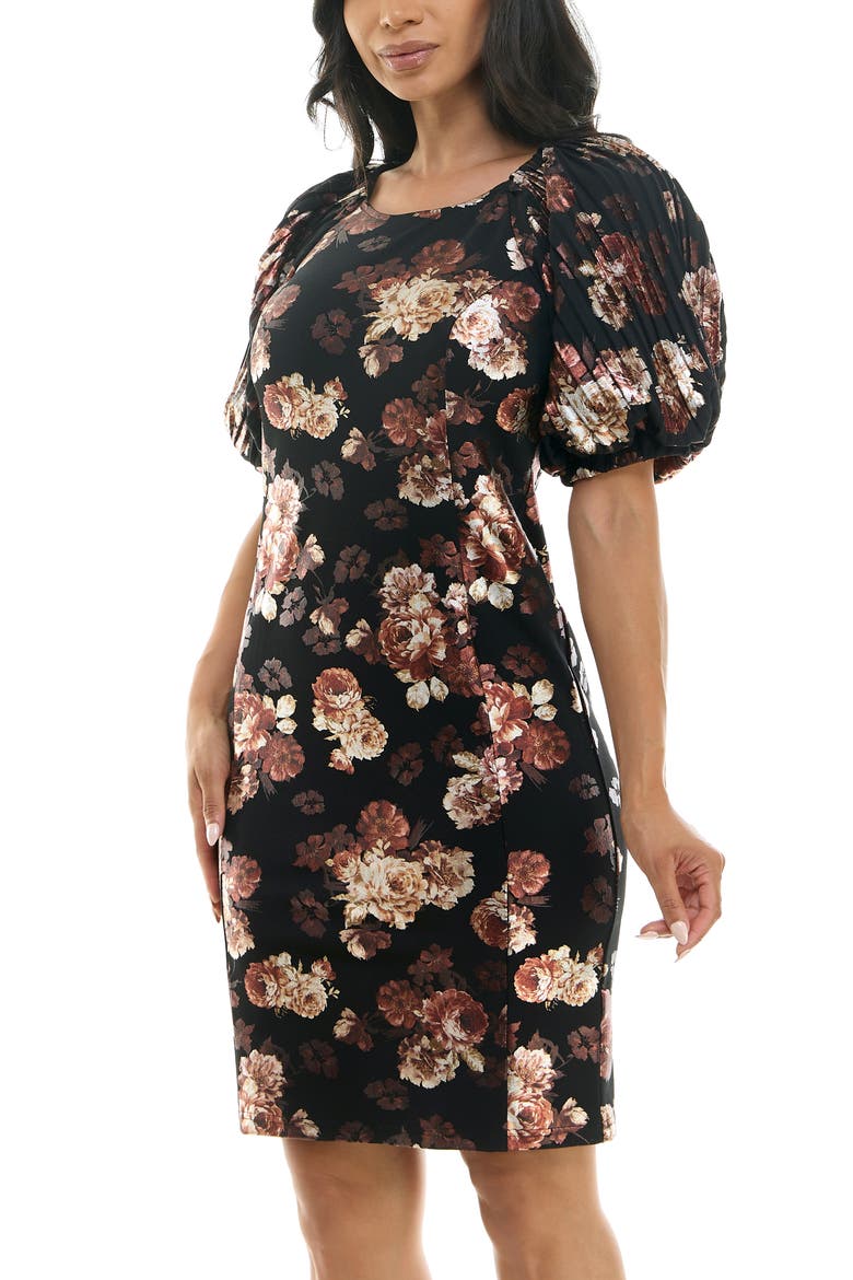 Floral Puff Sleeve Dress, Alternate, color, BLACK/ BROWN MULTI