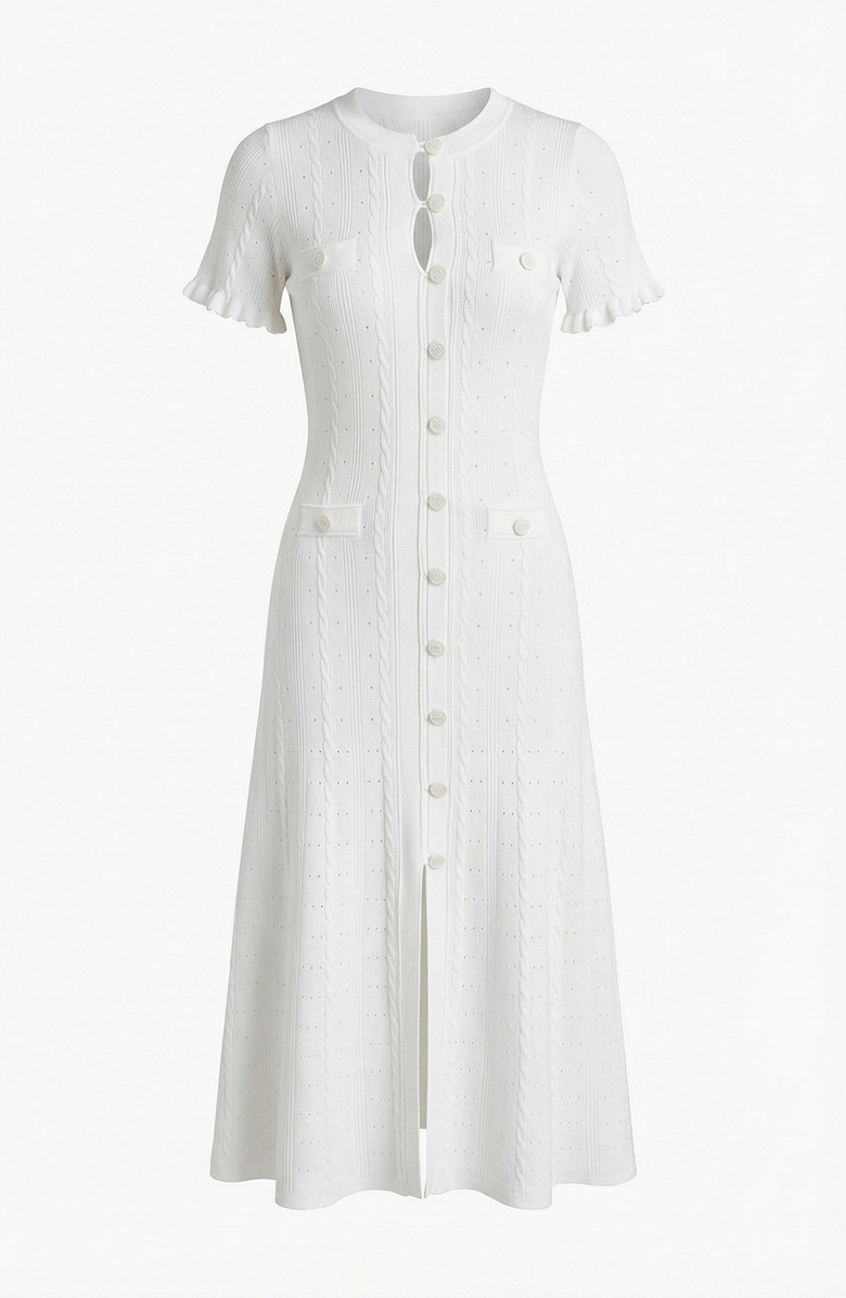 Modenaire Button Front Knit Short Sleeve Midi Dress, Alternate, color, White