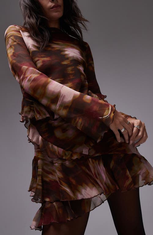 Topshop Abstract Floral Ruffle Long Sleeve Chiffon Minidress In Brown Multi