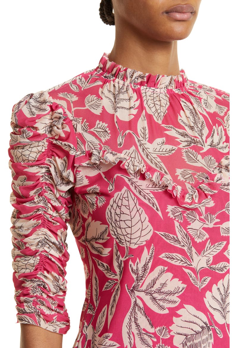 Izabelo Print Ruffle Mesh Top, Alternate, color, BRIGHT PINK
