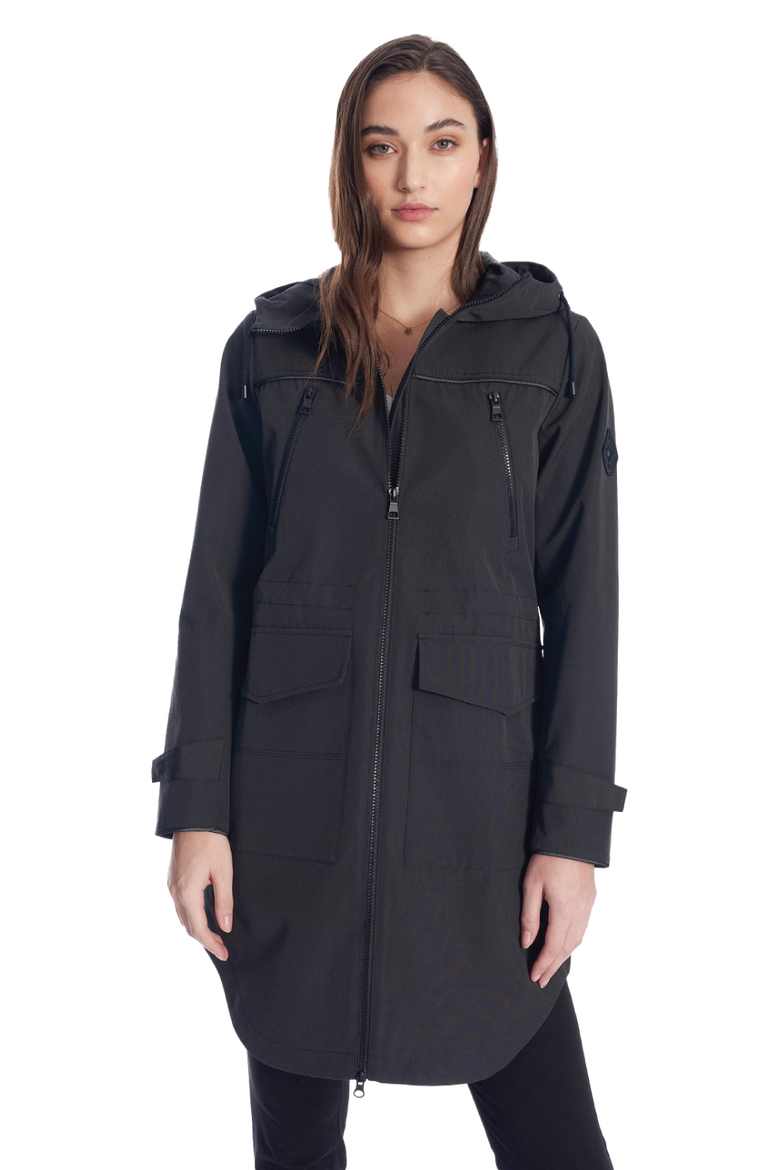 Kusawa - Mid-length Hooded Drawstring-Waist Raincoat, Main, color, Black