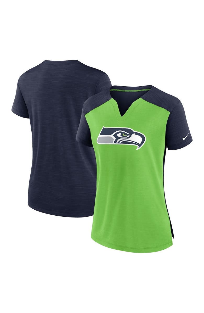 Nike Women's Nike Neon Green/College Navy Seattle Seahawks Impact Exceed Performance Notch Neck T-Shirt, Main, color, 