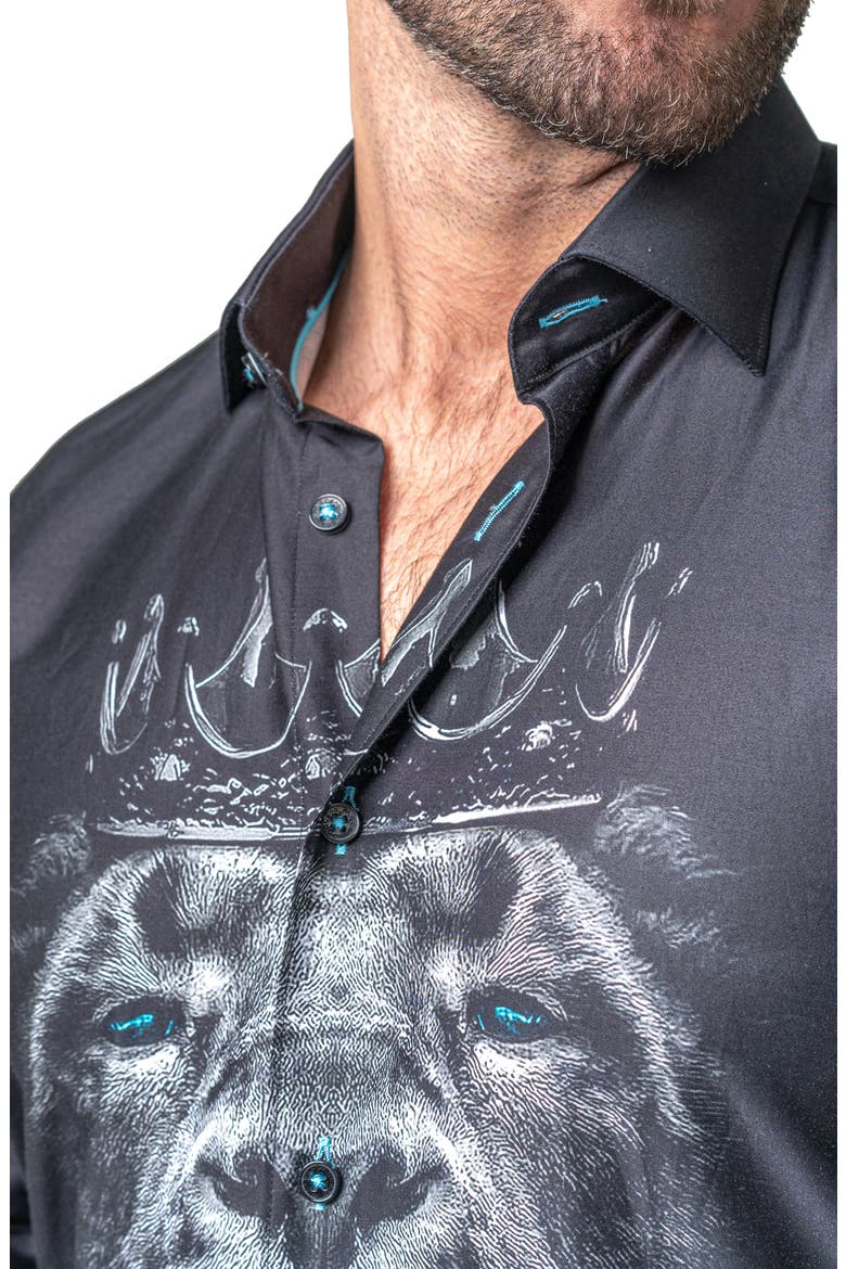Fibonacci Lion Crown Regular Fit Cotton Blend Button-Up Shirt, Alternate, color, BLACK