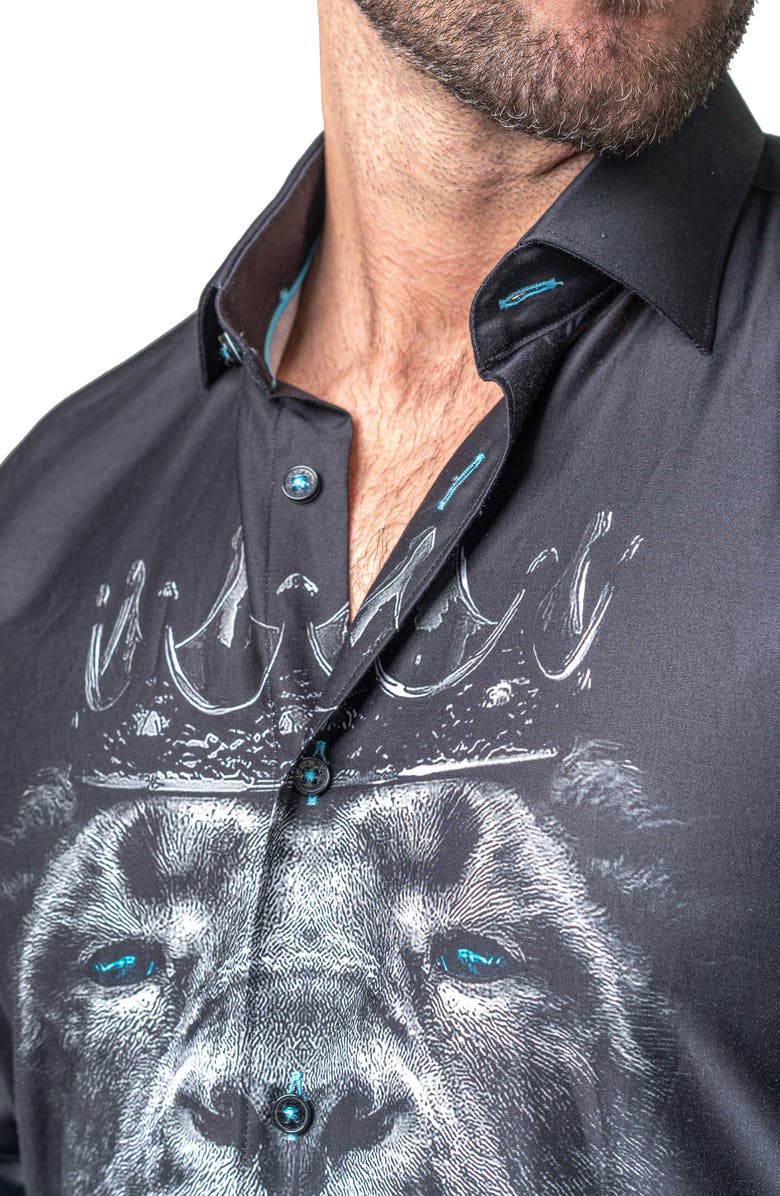 Maceoo Fibonacci Lion Crown Regular Fit Cotton Blend Button-Up Shirt, Alternate, color, Black