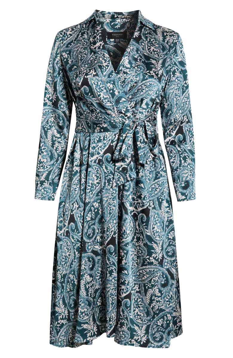 Tahari ASL Tie Belt Matte Satin Shirtdress, Alternate, color, Teal