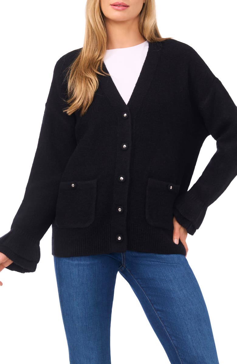 CeCe Ruffle Cuff Cardigan, Main, color, Rich Black