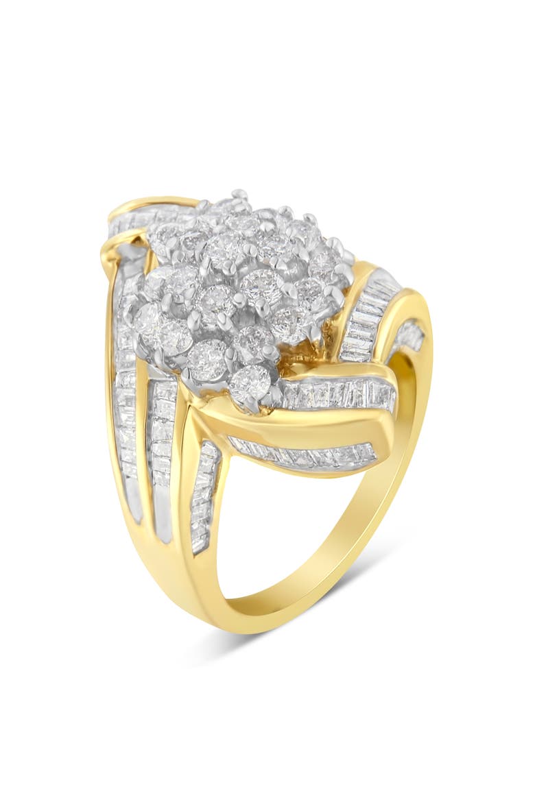 10K Gold 3 Ctw Round and Baguette Diamond Crossover Cluster Ring, Alternate, color, Yellow Gold